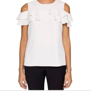NEW Women's Ted Baker London Cold Shoulder Frill Top, Size 1 - White